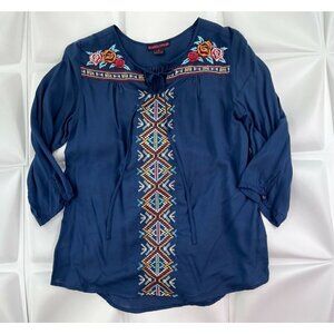 Rock & Roll Cowgirl Sz S Embroidered Tunic Blouse Peasant Top Floral Tribal Blue
